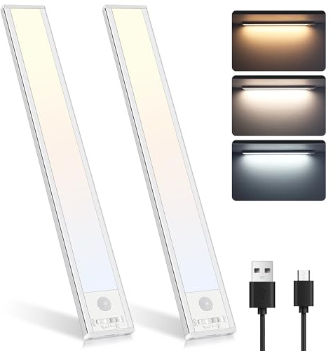 Befurglor Unterbauleuchte Küche LED Lampe mit Bewegungsmelder, 3 Farbmodi Dimmbar, 3000mAh USB Aufladbar Schrankbeleuchtung 39cm, LED Sensor Licht für Kleiderschrank, Küche, Treppe(2 Stück,Silber)