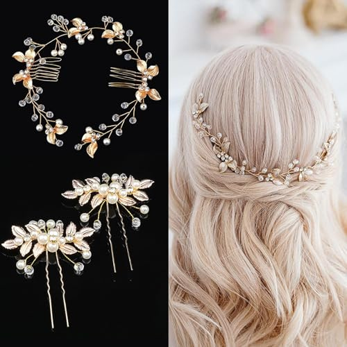3 Stück Brautschmuckaccessoires Perlen-Rhinestone-Blatt-Kopfband Kristall-Blatt-Haarspangen handgefertigte Hochzeits-Haaraccessoires für Bräute Brautjungfrauen