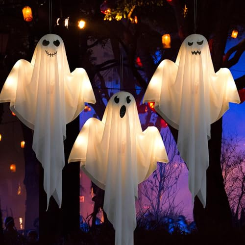 Herbst 3 pezzi, decorazione per Halloween, fantasma con LED, 60 cm, sacco a vento spaventoso, decorazione da appendere per interni ed esterni, cortile, terrazzo, feste