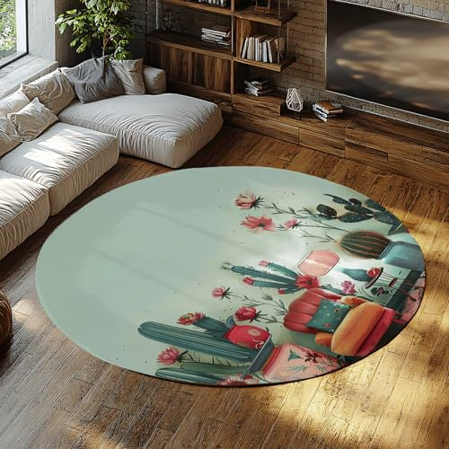 Via Vela Tropical Jungle Machine Washable Round Rug 180cm Cute Plant Cactus Non Slip Low Pile Indoor Floor Circle Carpet for Bedroom Conference Room