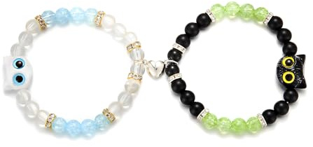 FrostyFlair Vänskapsarmband, 2 st vänskapsarmband med kattpärlor, vänskapsarmband svart vitt hjärta, vänskapsarmband för barn, armband