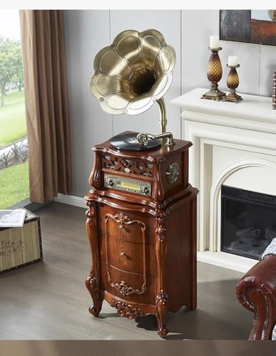 Van Kalente - Grammofono vintage con grande corno in ottone, giradischi classico americano, armadietto per giradischi in vinile retrò