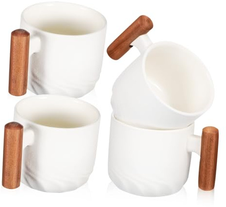 Gatuida 4 Pièces Lot de Tasses Expresso Céramique Blanche avec Poignée Bois Mug à Café et Thé Résistantes et Confortables pour Usage Quotidien