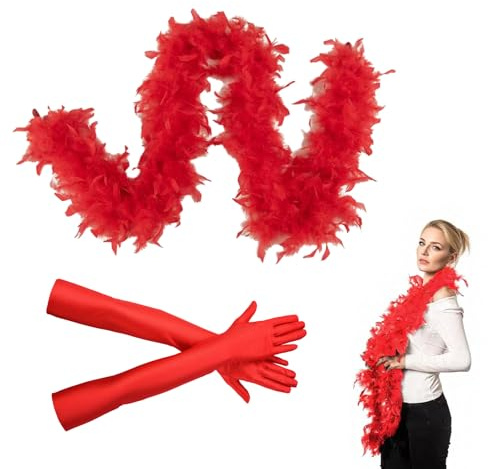 EUYKQNOI 1 PCS Sciarpa di piume Rosso con 1 paio di guanti Rosso in spandex da 53 cm,adatti per costumi di Carnevale，Halloween, feste, donne e ragazze