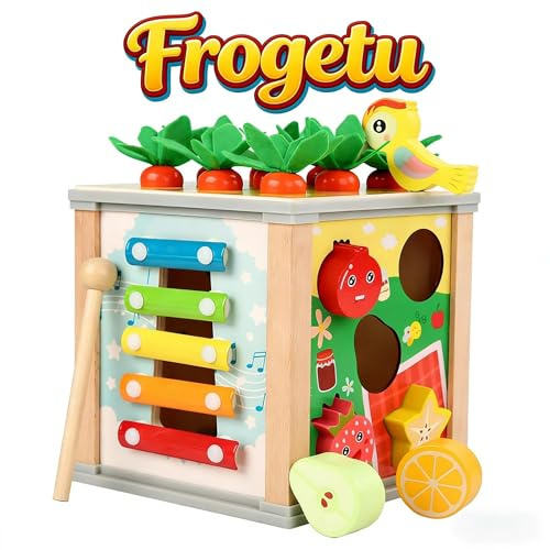 Frogetu Giochi Montessori Bambino 3+ Anni, Cubo Multiattività in Legno 6-in-1, Giocattolo Educativo Sensoriale con Xilofono, Giochi Pesca e Scatola Fazzoletti, Regalo Bambini 3 Anni