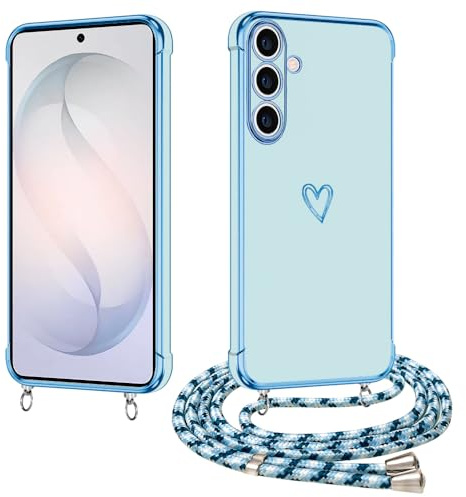 E-Lush Handyhülle für Samsung Galaxy S26 Hülle mit Band, Herz Love Galvanik Silikon Handy Hülle für Samsung S26 Schutzhülle mit Kordel zum Umhängen Kameraschutz Stoßfeste Case, Blau