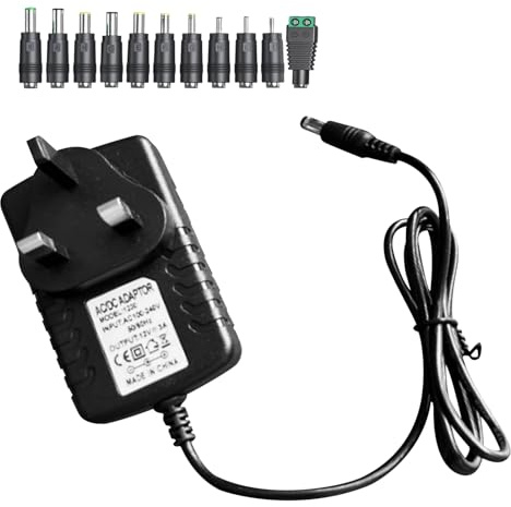 Universal UK 12V 3A Power Supply Adapter, 36W AC to DC Charger with 11 Replaceable Tips, 5.5 x 2.1 mm Multi Plug Adapter for LED Strip Lights, Router, CCTV Camera and Speakers