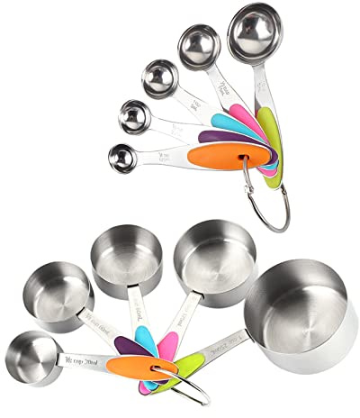 ZDAGELD Juego de Tazas y Cucharas Medidoras, Utensilios de Cocina de Acero Inoxidable 304, Mangos de Goma, Herramienta de Medición de Metal Anidado para Ingredientes Secos y Líquidos,