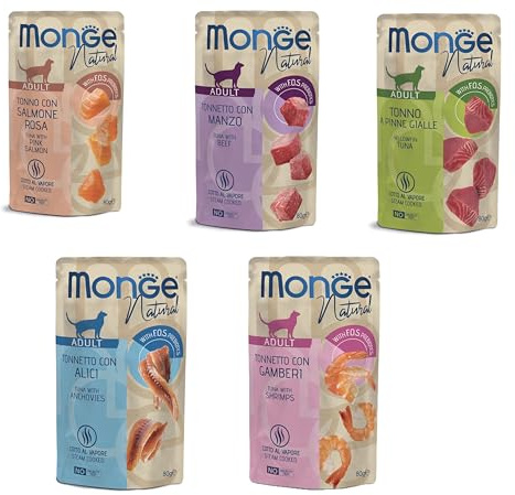 Monge Natural Cibo Umido per Gatti Adulti, Gusti Misti con Tonno e Pesce, 24 Bustine da 80g