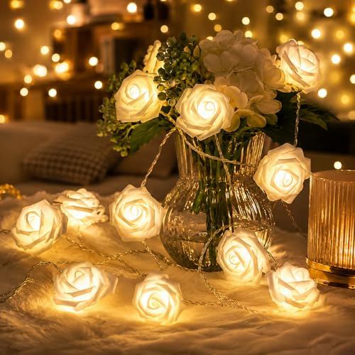 ZingBox LED Rosen Lichterkette, 1,5 M 10 LED Künstliche Rosen Lichterkette Blumen Batteriebetrie, Weiße Rosenlichterkette für Valentinstag Weihnachten Party Garten Hochzeit Innenbereich Dekoration