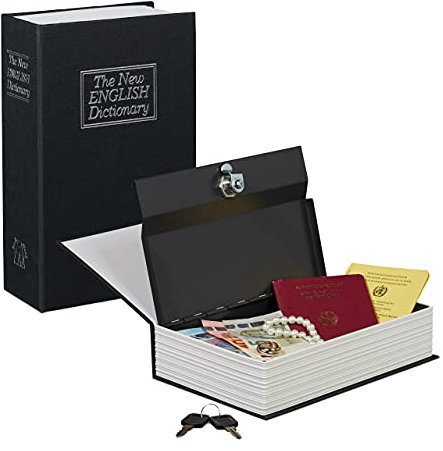 Relaxdays Buchtresor groß, 2 Schlüssel, Stahlschließfach in Buchform, HBT: 24 x 15,5 x 5,5 cm, Buchsafe, schwarz