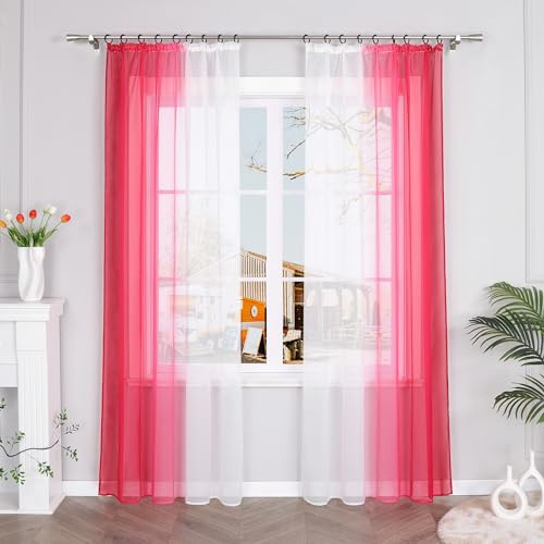 Yujiao Mao 2er-Pack Verlauf-Farben Muster Voile Gardinen Schal Vorhänge mit Kräuselband, BxH 140x245cm, Rot