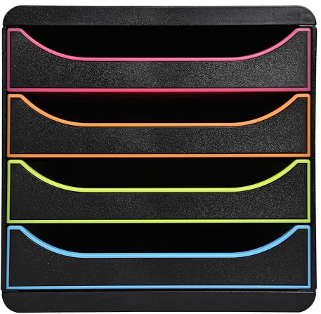 Exacompta 310914D Premium Ablagebox mit 4 Schubladen für DIN A4+ Dokumente. Belastbare Schubladenbox mit hoher Kapazität für mehr Platz auf dem Schreibtisch Big Box Black Office Schwarz|Bunt