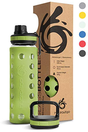 hydro2go Glas-Trinkflasche mit Silikonhülle – Spülmaschinenfest, 2 Wechseldeckel, 100% Auslaufsicher & BPA-frei – Ideal für Kinder, Büro, Fitness, Yoga, Sport & Outdoor (Olive Green 2.0) – 550 ml