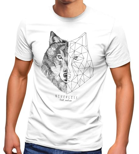 Neverless® Herren T-Shirt Wolf Polygon Kunst Grafik Tiermotiv Printshirt Fashion Streetstyle Weiss XL