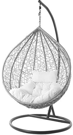 KIDEO Komplettset: großer Hängesessel mit Gestell & Kissen, Korbsessel, Poly-Rattan (Korb: hellgrau & Gestell: grau, Kissen: weiß Chester-Stepp (1000 Snow))