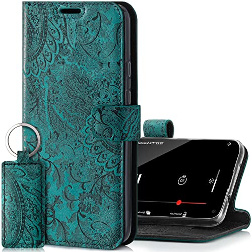 SURAZO Handyhülle für Apple iPhone 12 Mini – Premium Echtleder Hülle Schutzhülle mit [Standfunktion, Kartenfach, RFID Schutz, Blumenmuster] Klapphülle Wallet case Handmade in Europe (Türkis)