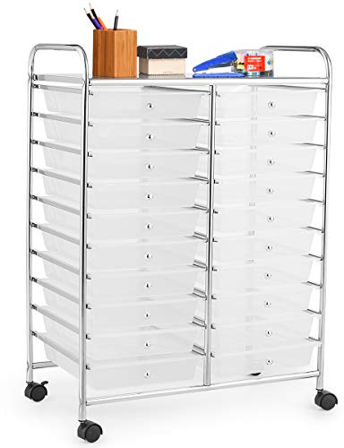 COSTWAY Rollwagen mit 20 stapelbaren Schubladen, Schubladenwagen, Rollcontainer mit Metallgestell und Ablagefläche, Badrollwagen Beistellwagen für Büro, Wohnzimmer (Transparent)