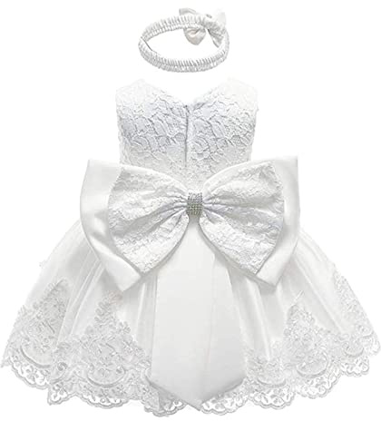 ZZLBUF Infant Baby Girl Wedding Pageant Baptism Christening Tutu Gown Girls Princess Dress Lace Back Big Bow Dress (White, 0-3 Months)