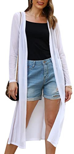 Gyabnw Bikini Cover Up Damen Chiffon Lang Badeanzug für Damen Sommer Pareos Offene Front Jacke Beachwear Strickjacke Cardigan Leicht Sommerjacke Bolero Elegant Sexy Outwear Strandkleid, Weiß S