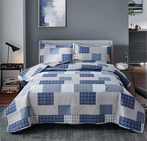 Tagesdecken-Set für Doppelbett, kariert, Steppdecke, Doppelbett, grau, blau, Patchwork, modern, leicht, Tagesdecke, wendbar, weiches Polyester, 3-teiliges Steppdecken-Set