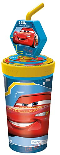 p:os Cars, tazza per bambini con cannuccia integrata, coperchio e figura 3D, contenitore da circa 475 ml, ideale per bevande fredde