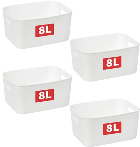 Cetomo 8L*4 Cesta de Almacenamiento de Plástico, Caja de Almacenamiento Abierta, Contenedores Para Estanterías, Organizadores con Asas Para oficina, Gabinetes, Blanco, 8L-4 Unidades (28.5*22*14cm)