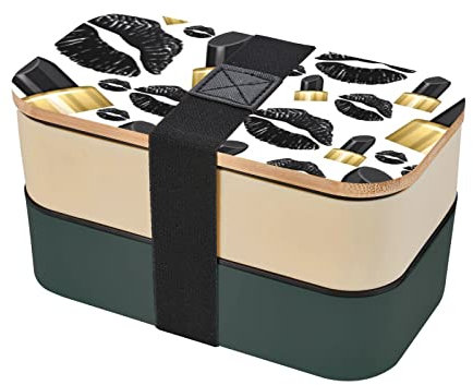 CARRDKDK Boîte à bento double couche pour adulte - Passe au micro-ondes - Rouge à lèvres noir froid - Petit organisateur de nourriture mignon et kawaii avec vaisselle et lave-vaisselle