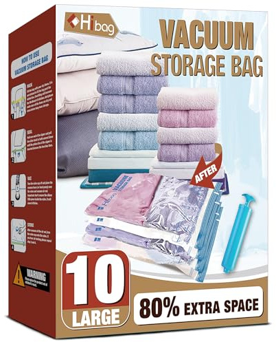 Vacuum Storage Bags, 10 Large Space Saver Vacuum Seal Bags, Space Bags for Clothes, Blankets, Bedding (10L)