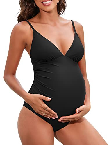 CUPSHE Costume da bagno premaman da donna con scollo a V triangolare con arricciature, spalline regolabili, costume intero da maternità, Nero , M