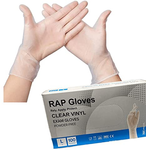 RAP Clear Vinyl Disposable Exam Gloves Large Pack of 100 Powder Free | Latex and protein free, smooth ambidextrous fit, for food handling, household hygiene, industrial and general cleaning