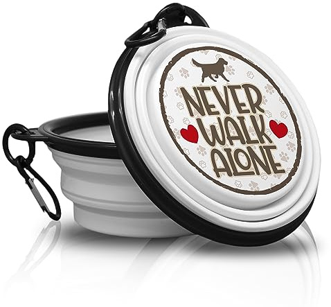 Never Walk Alone - Falt und Tragbarer Hundenapf mit Karabiner für Spaziergänge mit deinen Vierbeiner. Wasserschüssel, Reisenapf. Handlich, leicht und vor allem Praktisch.