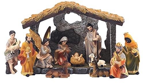 Novent Krippen-Tischszenen, Tischkrippen-Statuen-Ornament, Krippen-Krippen-Set, 12 Stück/Set, Kunstharz, Weihnachtsfigur, Zuhause, Wohnzimmer, Kirche, Dekoration