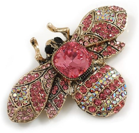 Broche en forme d'abeille en cristal rose et ton or vieilli – 55 mm de diamètre, taille unique, Pas de type de métal, diamante