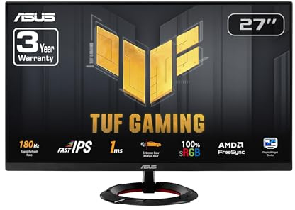 ASUS TUF Gaming VG279Q3R Moniteur de jeu 27 1080p – Full HD, 180 Hz, IPS rapide, flou extrême de mouvement faible, 1 ms, FreeSync, Overdrive variable, Shadow Boost, Soin des yeux, 100 % sRGB