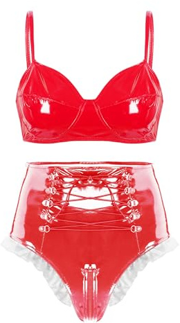 FEESHOW Sexiga underkläder kvinnor för sexigt set Ouvert lack behå crop linne läder shorts slip wetlook outfit googo rave party klubbkläder, A_röd, S