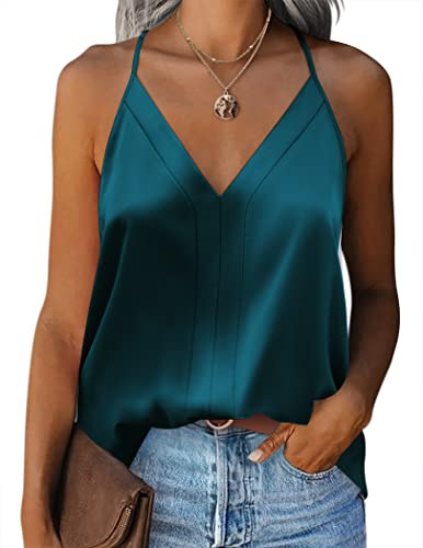 Zeagoo Canottiera da donna in raso, con spalline sottili, basic top regolabile con spalline sottili, scollo a V, camisole, verde, S