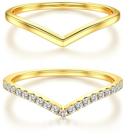 Dochais 2Pcs S925 Gold Ringe Frauen 14K Vergoldete Zirkonia Diamant Ring Set Silber 925 Ring Gold Damen Stapeln Daumenring Einfache Ring Verlobungsring Engagement Ringe Schmuck Geschenke,Größe 57