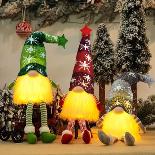 TEWWCEO Gnomos de Navidad con Luz Led, 3 Piezas Muñecos Gnomo Navidad Iluminado, Gnomos Navideños de Tela Peluche, Gnomo Navidad Decoración Hecha a Mano, Adornos de Navidad para Casa, Mesa