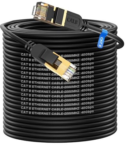 Cat 8 Netzwerkkabel 100M, 40-Gbits LAN Kabel, 2000MHz Gigabit Hochgeschwindigkeits Internetkabel, Vergoldetes RJ45-Stecker Patchkabel Doppelt Geschirmt, Geeignet für PS5/PS4, Router usw