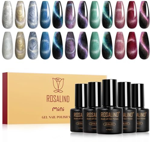 ROSALIND Vernis Semi Permanent Magnétique,12 Couleurs Cat Eye Gel Vernis à Ongles, Vernis Gel UV Semi Permanent avec Bâton Magnétique, Soak-off UV/LED Semi-permanent Manucure Cadeau