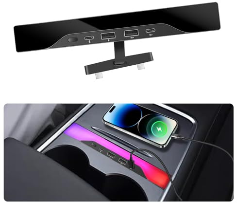 Vellhezy USB Hub for Tesla Model 3/Y Accessories 2024 2023 2022 2021, Multi Port Fast Charger with RGB Ambient Lighting, Docking Station fit Tesla Center Console (Not fit Model 3 2023-2024), Black