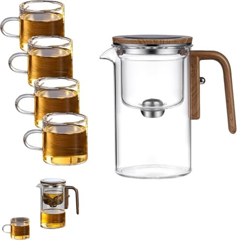 ALOEU Glass Teapot with Strainer, Water Separation, Wooden Handle, 520ml (Transparent)