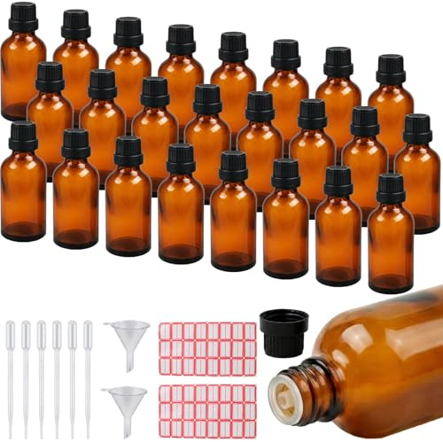 SHUESS 24 Stück Braunglasflaschen 50ml, Tropfflasche mit Tropfereinsatz, Apothekerflasche 50ml Braun Set inkl. Pipetten, Trichter & Etiketten, Pipettenflasche, Leere Glasflaschen für Ätherische Öle