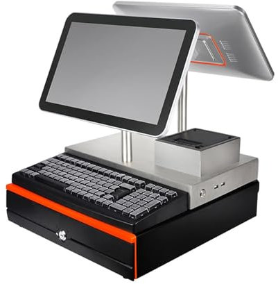 Kommerzielle 15,6-Zoll-Monitor-Registrierkasse,Wasserfeste Smart-Registrierkasse Mit Zwei Bildschirmen,Tastatur,Kassenschublade,Touchscreen-Kassensystem For Einzelhändler Und Integriertem Belegdrucker