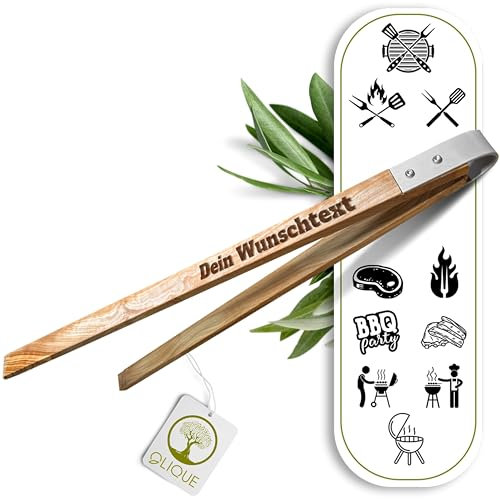 Pinza per barbecue personalizzata, in legno d'ulivo, di alta qualità con incisione come regalo individuale per gli amanti della griglia (42 cm)