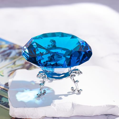 QIANCHANG Briefbeschwerer mit blauem Kristall, 80 mm, groß, facettiert, Glasdiamanten, Prismen, Juwelen, Edelsteine für Zuhause, Hochzeit, Tischdekoration