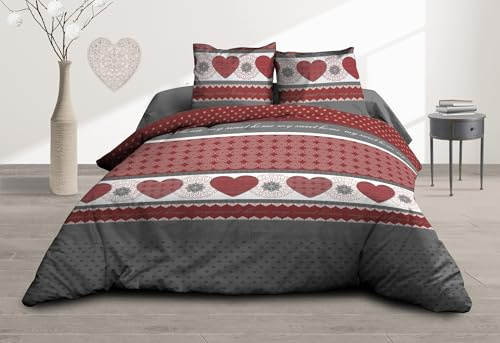 Parure Drap Plat + Drap-Housse 160x200 + 2 T - Pur Coton 57 Fils - Coeurs Rouge