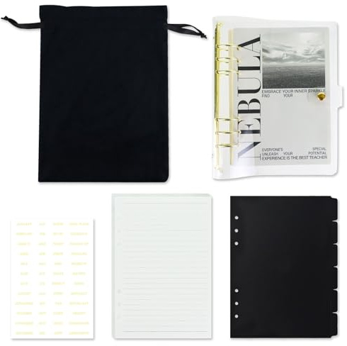 Koqye Complete A5 6-Ring Binder Set, Clear PVC Transparent A5 Planner Binder with Lined Paper, Dividers, Stickers and Storage Bag, Loose Leaf Notebook for School Office Journaling (Gold)