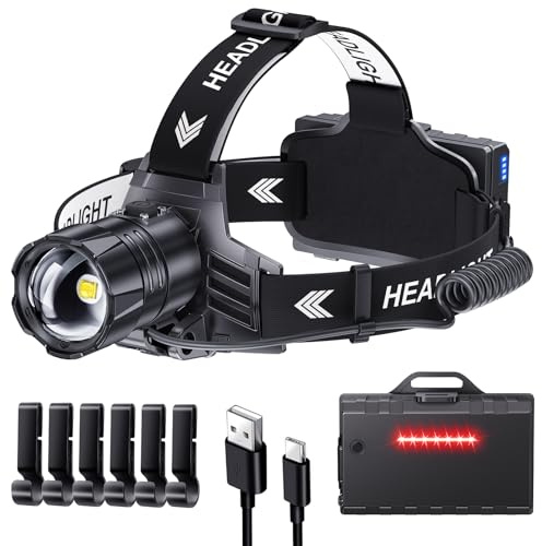 ET Head Torch Rechargeable,Super Bright 100000 LM LED Headlamp 5 Modes | 30 Hours Runtime, IPX7 Waterproof, 120°Adjustable & Zoomable, Red Warning Headlight for Running Hiking Fishing Cycling